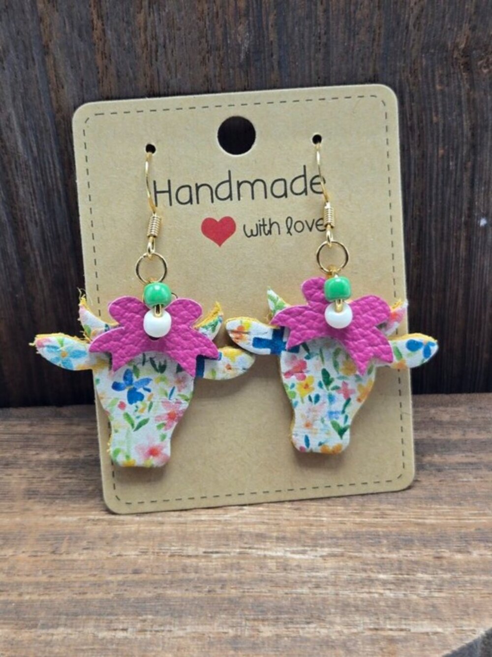 NWT Leather Cork Cow Bow Earrings Pierced Farm Girl Dangle Drop Light Weight